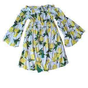 Solitaire Swim Lemon Print Off Shoulder Bell Sleeve Mini Dress Cover Up Large